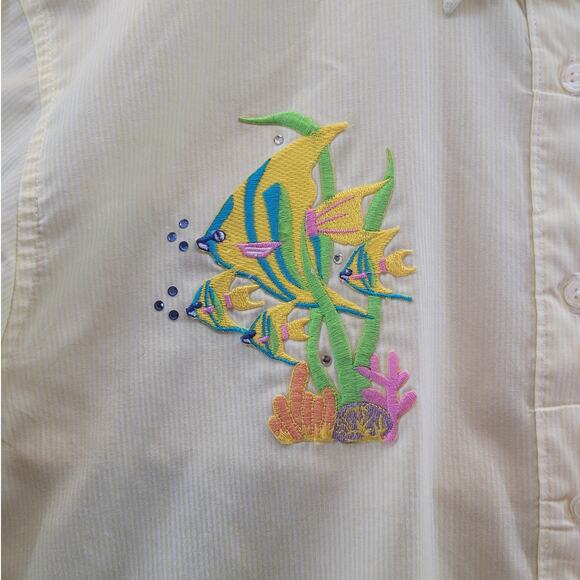 VTG Las Olas Shirt L Yellow White Tropical Fish Embroidered GUC See Photos - Picture 5 of 9